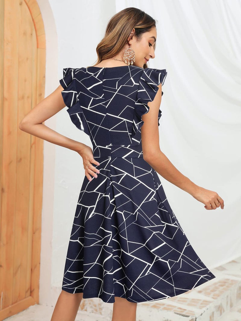 YATHON Women's Vintage Ruffle Floral Flared A Line Swing Casual Cocktail Party Dresses (S, YT001-Blue w Stripe) - Image 2